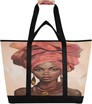 Colorful African Woman Tote Bag for Women with Zipper Reusable Grocery Bags Foldable Insulated Cooler Bag Handbags Totes Shopping Bags for Groceries Work Picnic Travel Beach