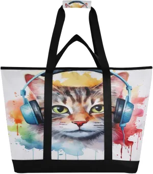 Colorful Cat Tote Bag for Women with Zipper Reusable Grocery Bags Foldable Insulated Cooler Bag Handbags Totes Shopping Bags for Groceries Picnic Travel Work Beach