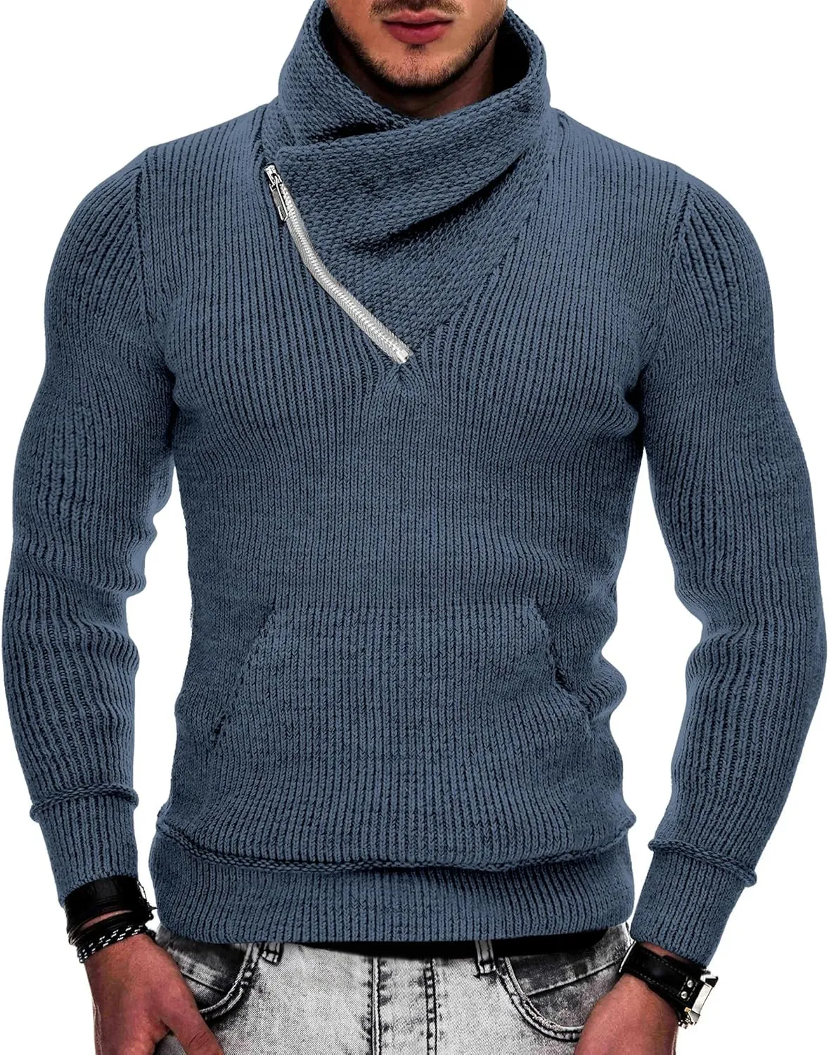 COOFANDY Men's Knitted Turtleneck Pullover Shawl Collar Sweaters Slim Fit High Neck Hoodies with Pockets
