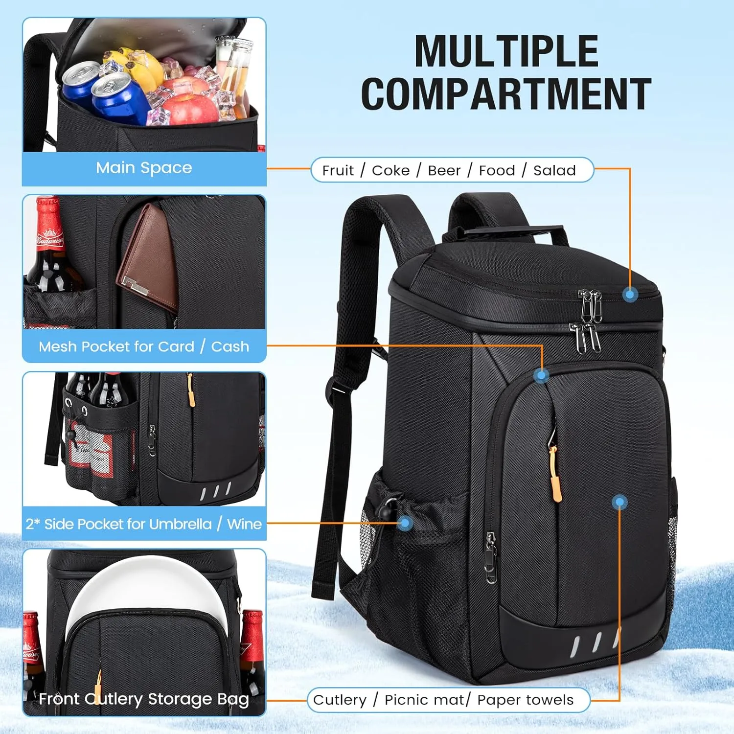 Cooler Backpack Soft Insulated Leak Proof 30/40/50/54 Cans Insulated Backpack Cooler Portable Picnic Camping Beach Hiking BBQ Lunch Backpack for Men and Women