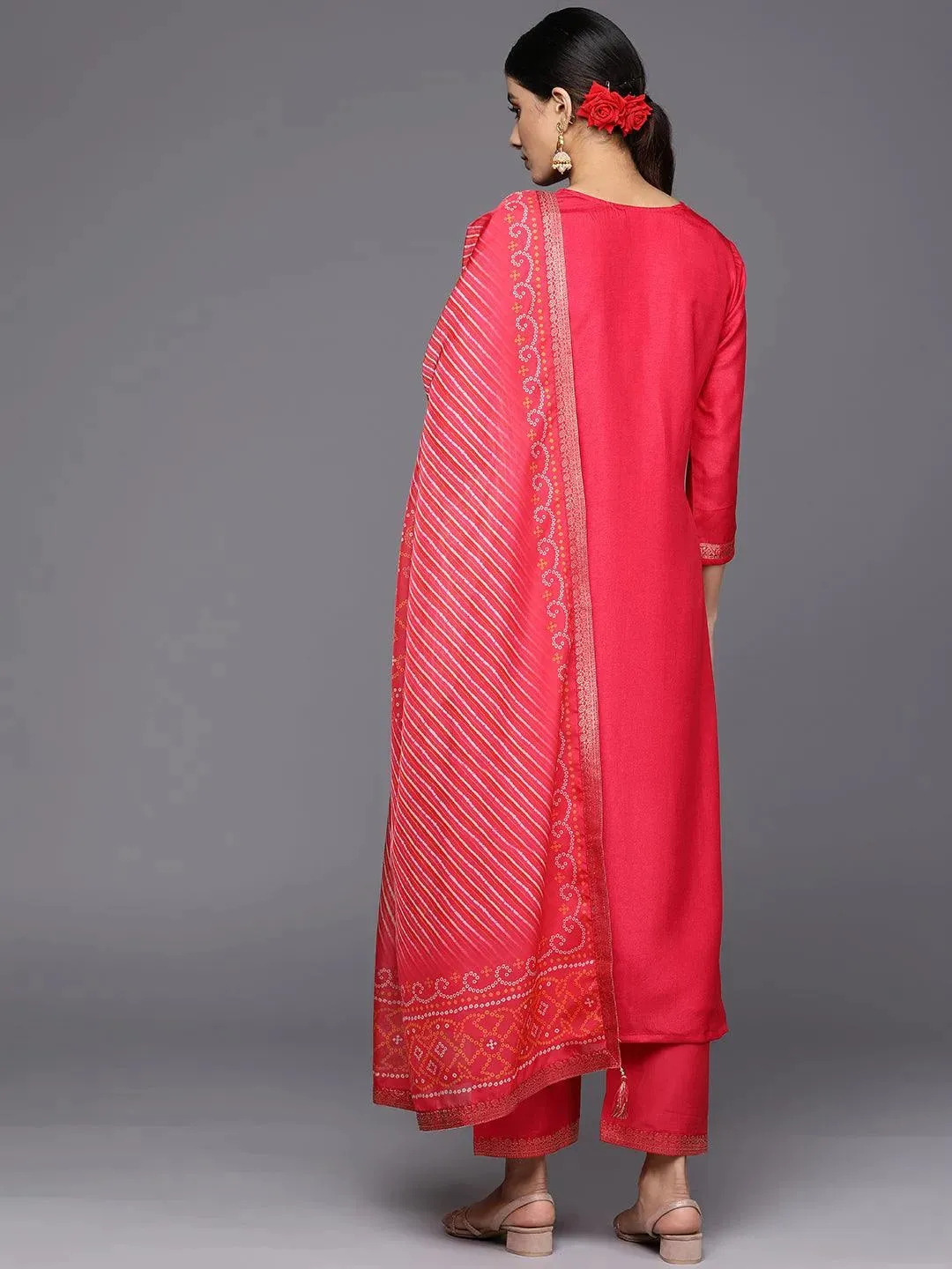 Coral Self Design Silk Blend Straight Kurta With Trousers & Dupatta