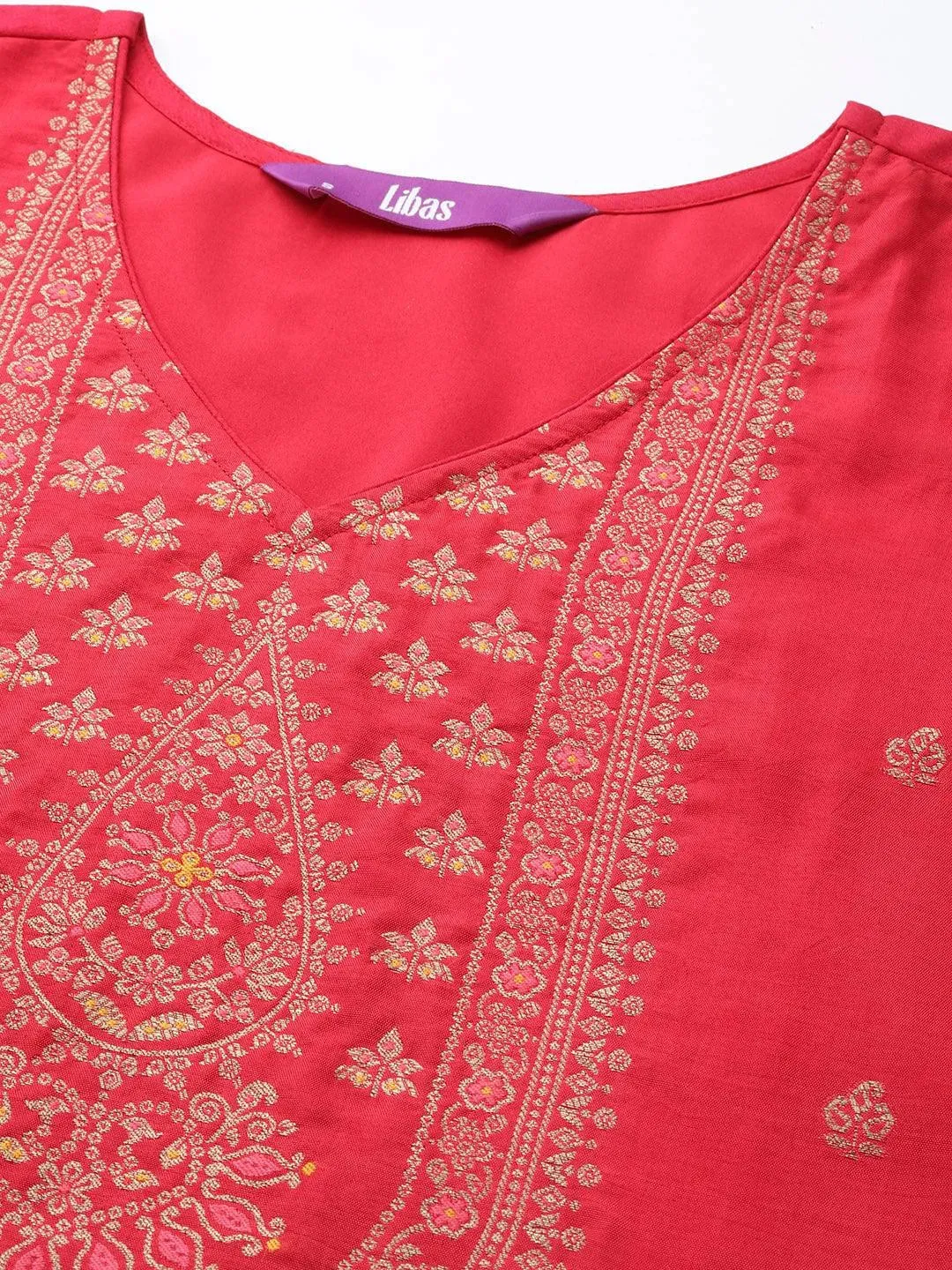 Coral Self Design Silk Blend Straight Kurta With Trousers & Dupatta