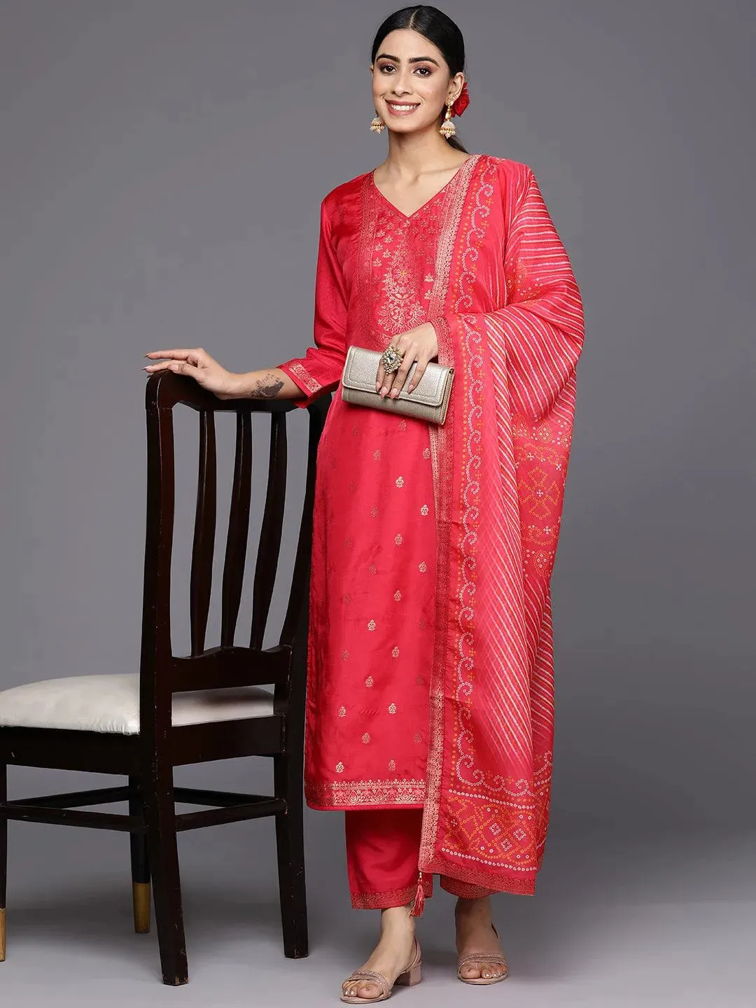 Coral Self Design Silk Blend Straight Kurta With Trousers & Dupatta
