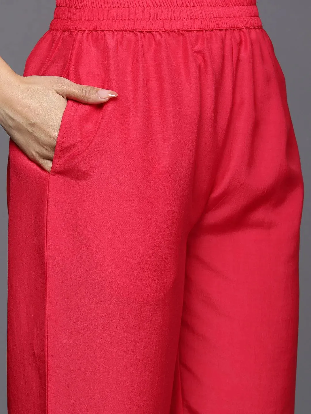 Coral Self Design Silk Blend Straight Kurta With Trousers & Dupatta