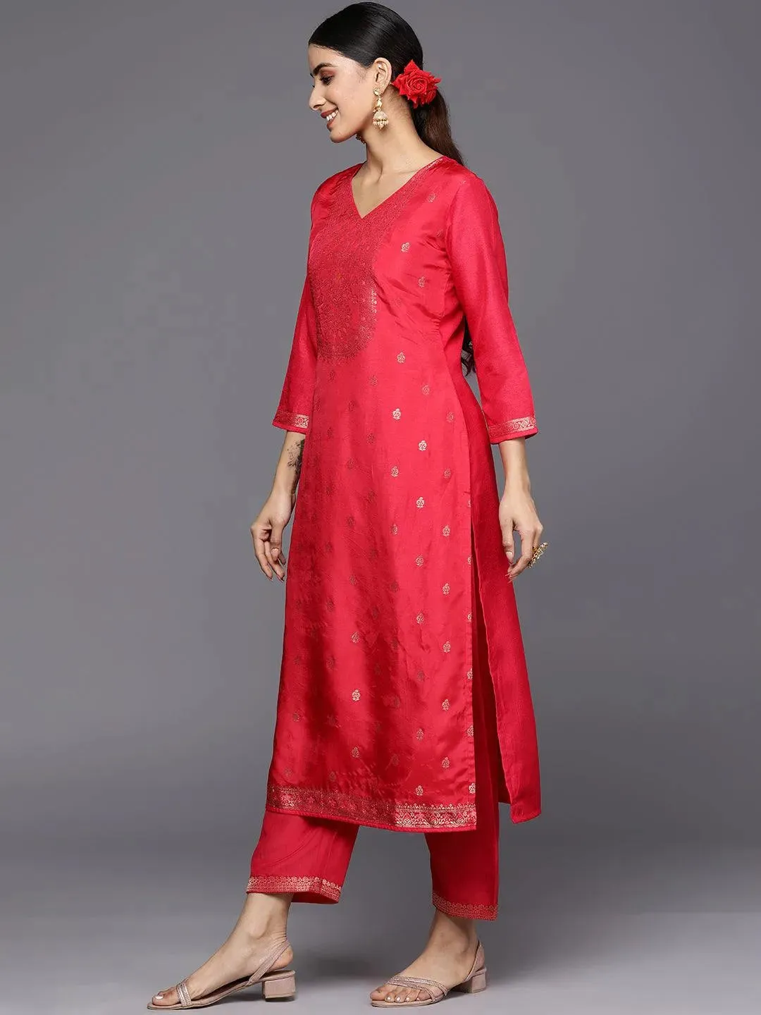 Coral Self Design Silk Blend Straight Kurta With Trousers & Dupatta