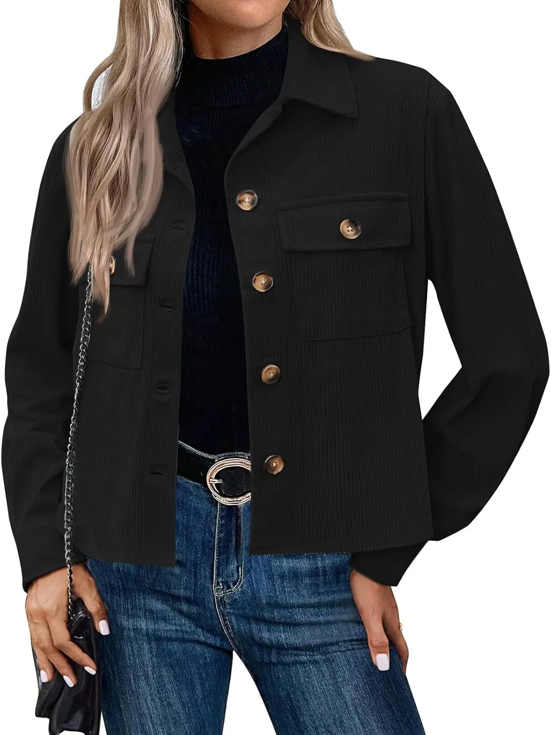 Corduroy Jacket Women Button Down Cropped Shirt Jacket Dressy Casual Long Sleeve Corduroy Shacket with Pockets