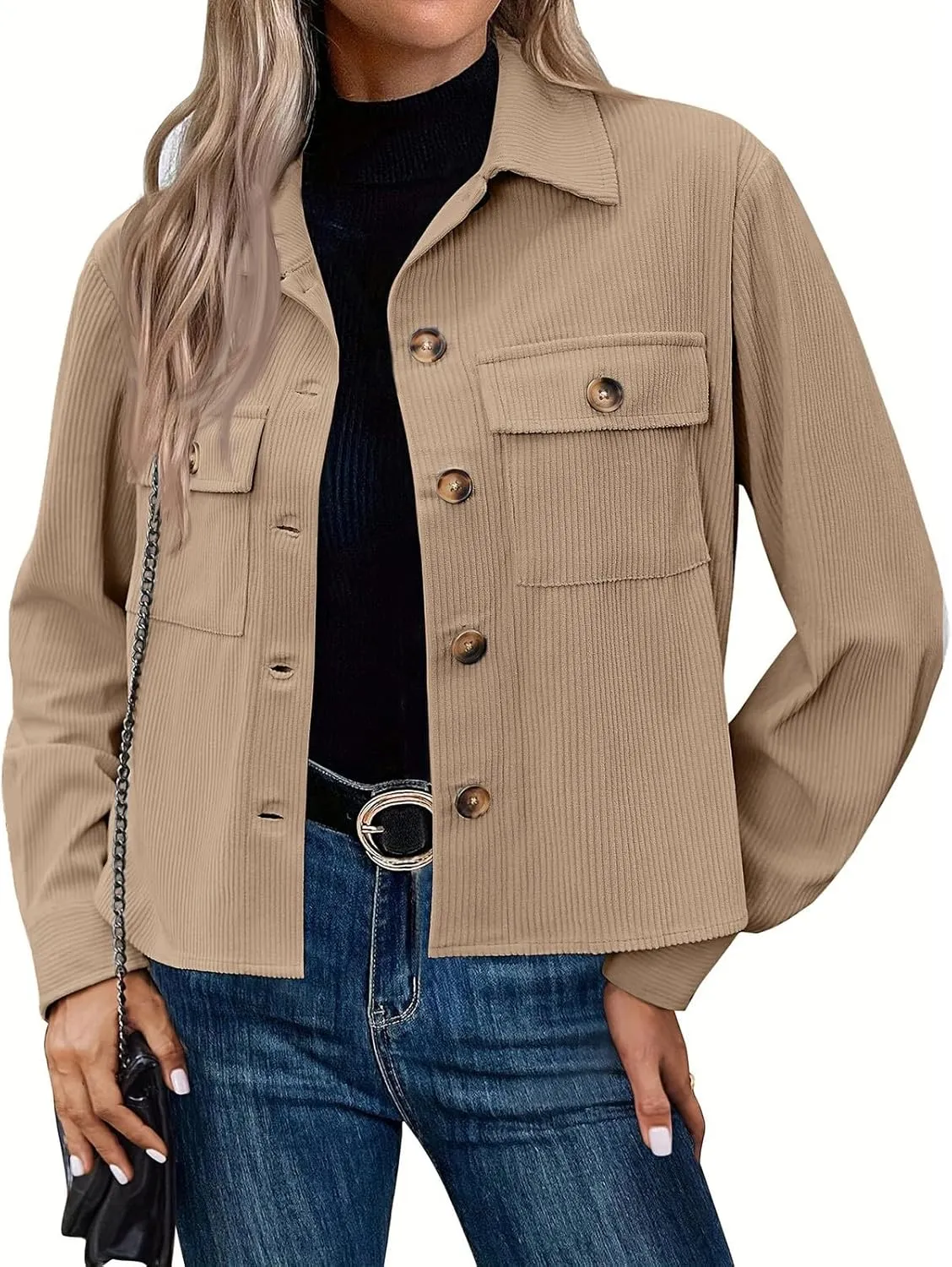 Corduroy Jacket Women Button Down Cropped Shirt Jacket Dressy Casual Long Sleeve Corduroy Shacket with Pockets