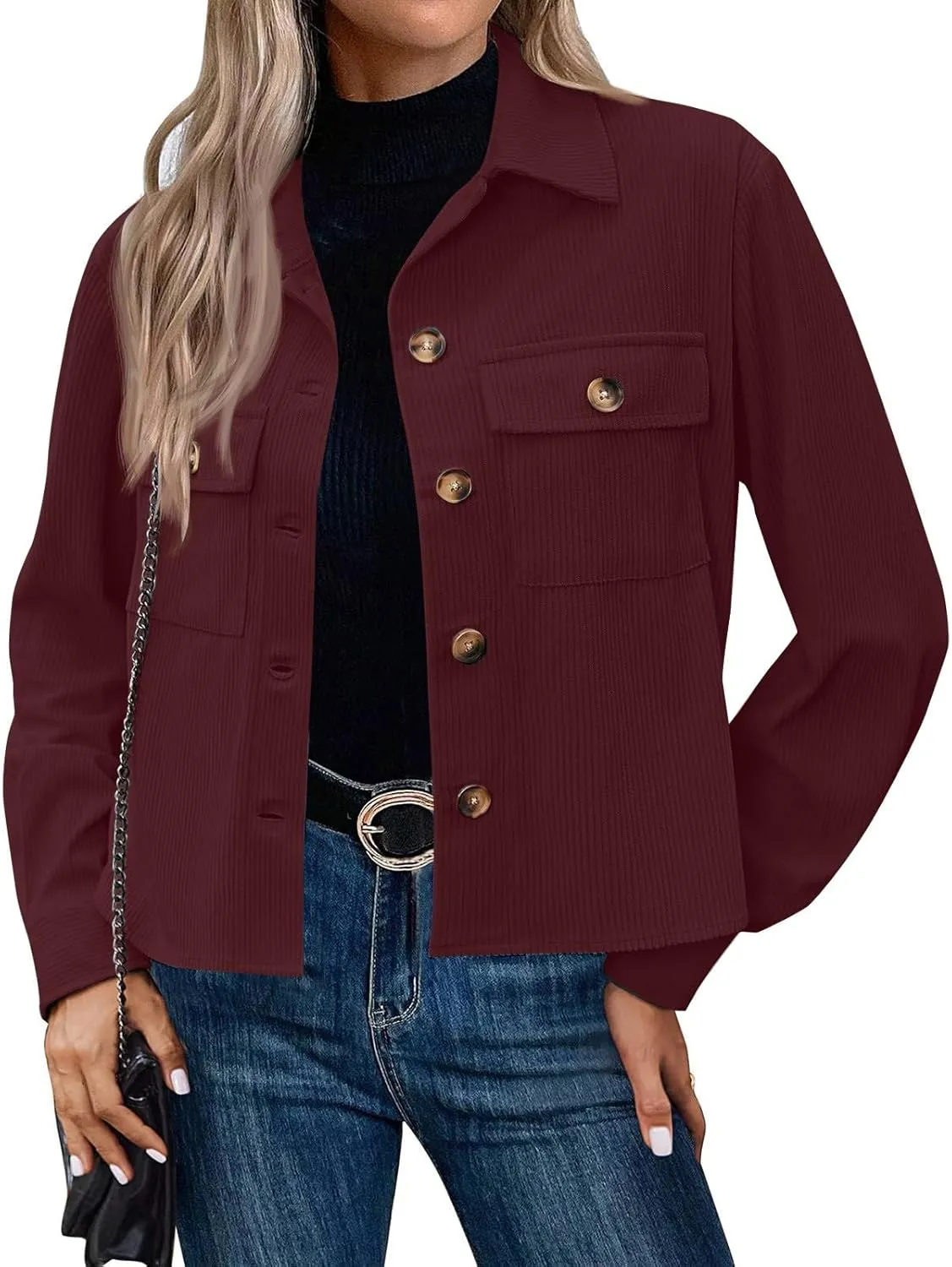 Corduroy Jacket Women Button Down Cropped Shirt Jacket Dressy Casual Long Sleeve Corduroy Shacket with Pockets