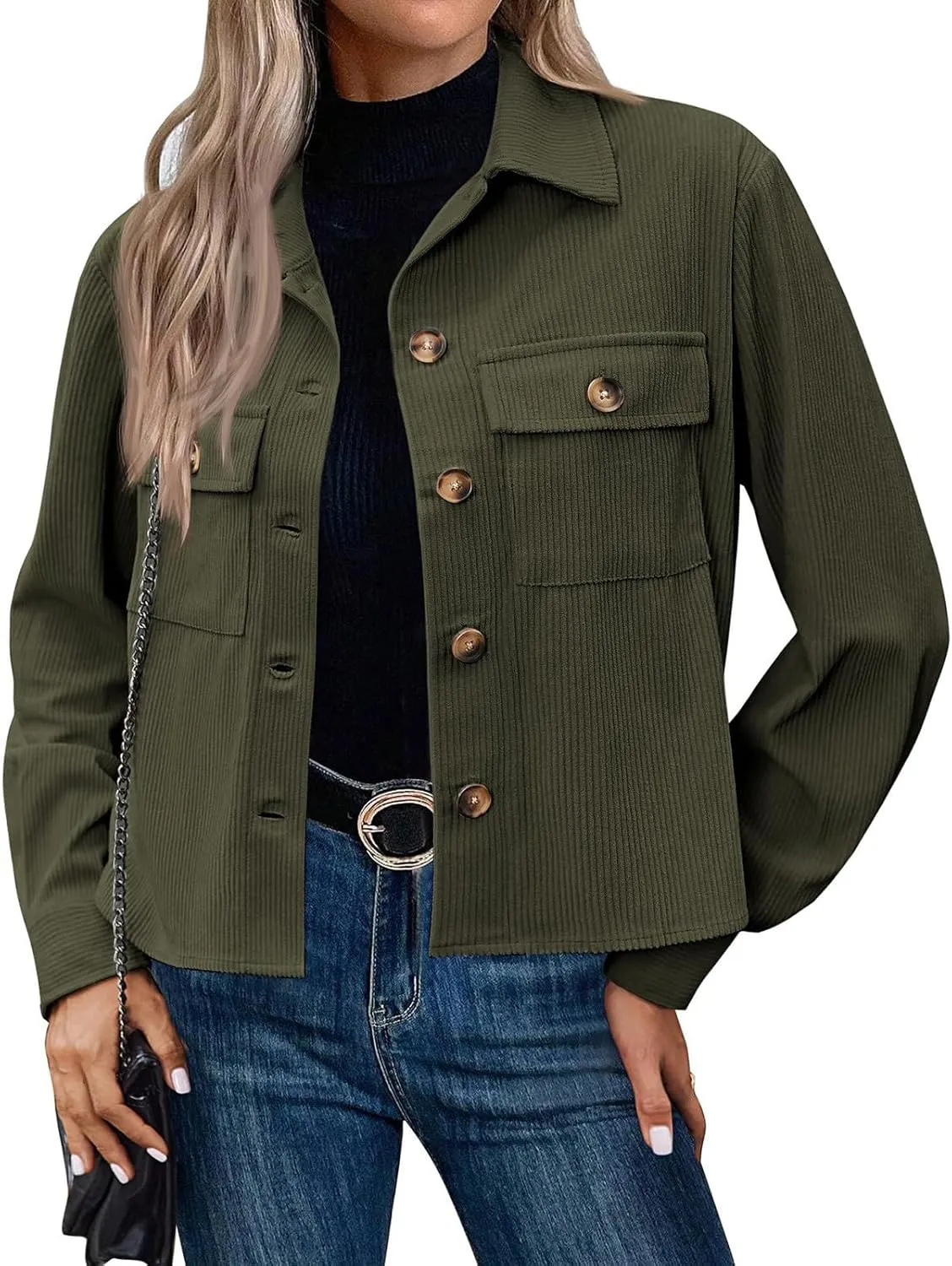 Corduroy Jacket Women Button Down Cropped Shirt Jacket Dressy Casual Long Sleeve Corduroy Shacket with Pockets