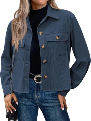 Corduroy Shacket Women Cropped Button Down Shirts Jacket Casual Fall Long Sleeve Crop Tops Bomber Jacket with Pockets