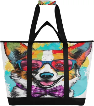 Corgi Cute Tote Bag for Women with Zipper Reusable Grocery Bags Foldable Insulated Cooler Bag Totes Handbags Shopping Bags for Groceries Travel Beach Picnic Work