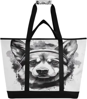 Corgi Dog Tote Bag for Women with Zipper Reusable Grocery Bags Foldable Insulated Cooler Bag Totes Shopping Bags Handbags for Groceries Beach Picnic Travel Work