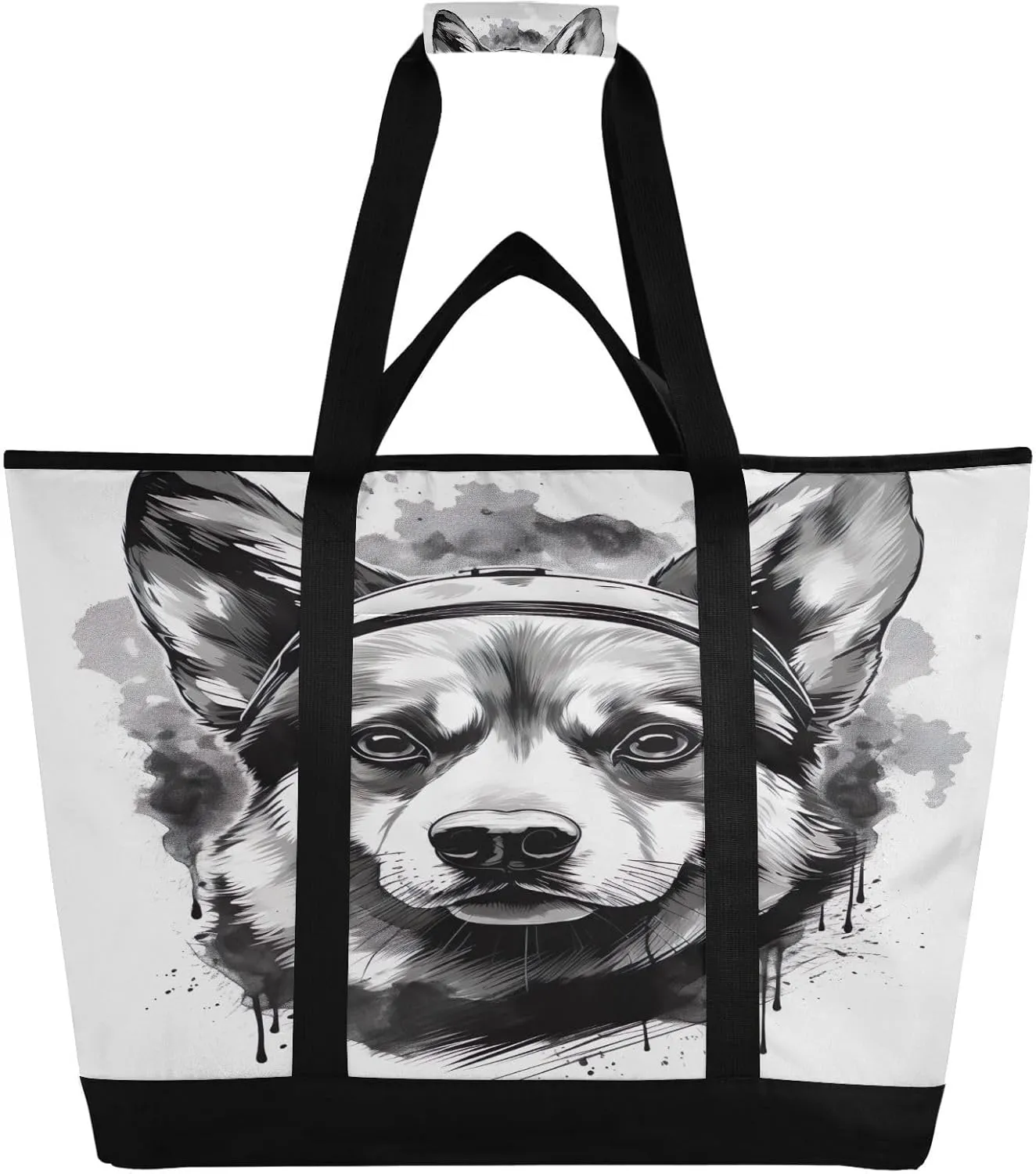 Corgi Dog Tote Bag for Women with Zipper Reusable Grocery Bags Foldable Insulated Cooler Bag Totes Shopping Bags Handbags for Groceries Beach Picnic Travel Work