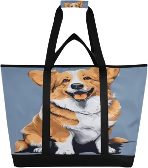 Corgi Tote Bag for Women with Zipper Reusable Grocery Bags Foldable Insulated Cooler Bag Handbags Totes Shopping Bags for Groceries Picnic Travel Beach Work