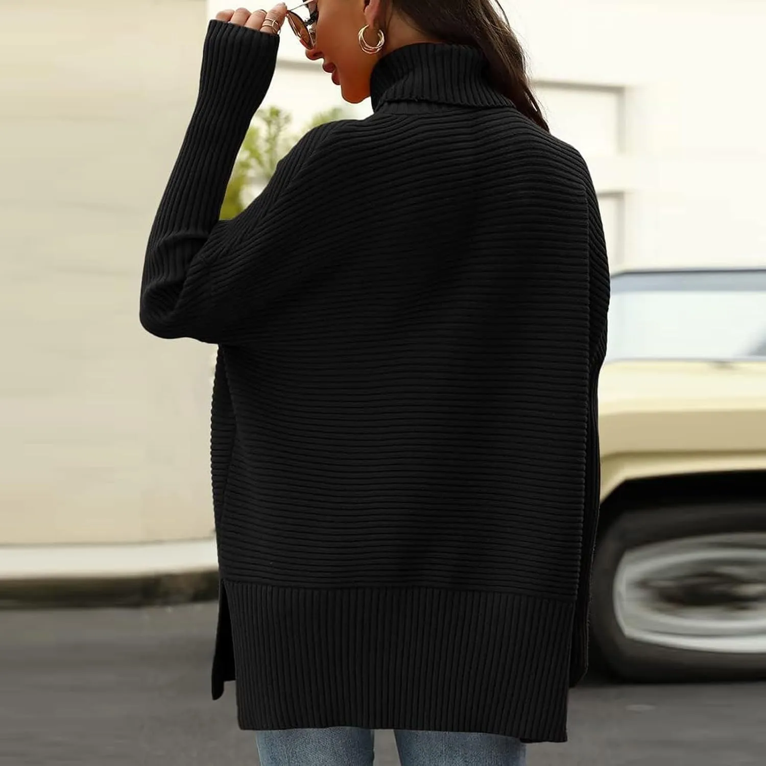 COTECRAM Women's Turtleneck Oversized Sweaters 2024 Fall Batwing Long Sleeve Spilt Hem Tunic Pullover Sweater Baggy Knit Tops