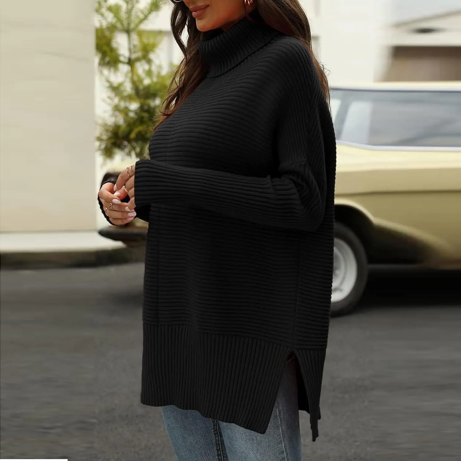 COTECRAM Women's Turtleneck Oversized Sweaters 2024 Fall Batwing Long Sleeve Spilt Hem Tunic Pullover Sweater Baggy Knit Tops