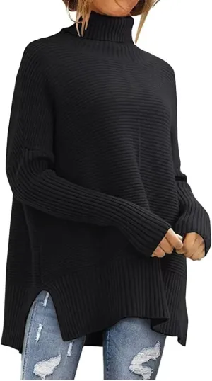 COTECRAM Women's Turtleneck Oversized Sweaters 2024 Fall Batwing Long Sleeve Spilt Hem Tunic Pullover Sweater Baggy Knit Tops