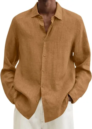 Cotton Linen Long Sleeve Button Down Shirts for Men Casual Solid Lapel Quick Dry Regular Fit Lightweight Breathable Tops