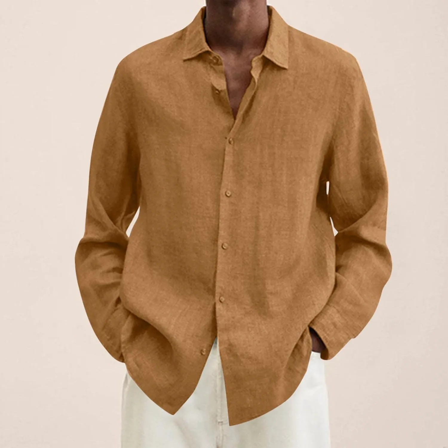 Cotton Linen Long Sleeve Button Down Shirts for Men Casual Solid Lapel Quick Dry Regular Fit Lightweight Breathable Tops