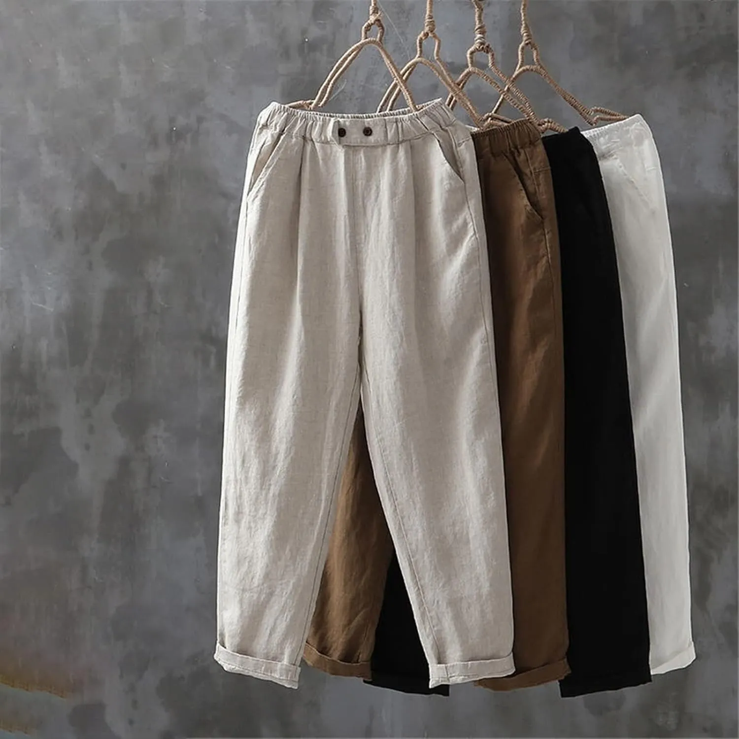 Cotton Linen Pants Women Spring Summer Ankle-Length Trousers Elastic Waist Casual Loose Solid Harem Pants Plus Size
