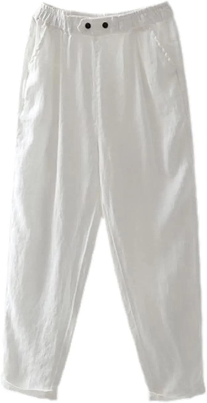 Cotton Linen Pants Women Spring Summer Ankle-Length Trousers Elastic Waist Casual Loose Solid Harem Pants Plus Size