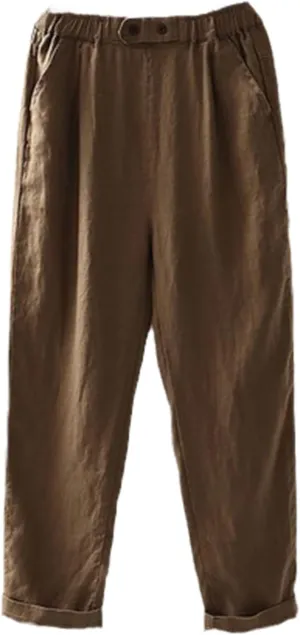 Cotton Linen Pants Women Spring Summer Ankle-Length Trousers Elastic Waist Casual Loose Solid Harem Pants Plus Size