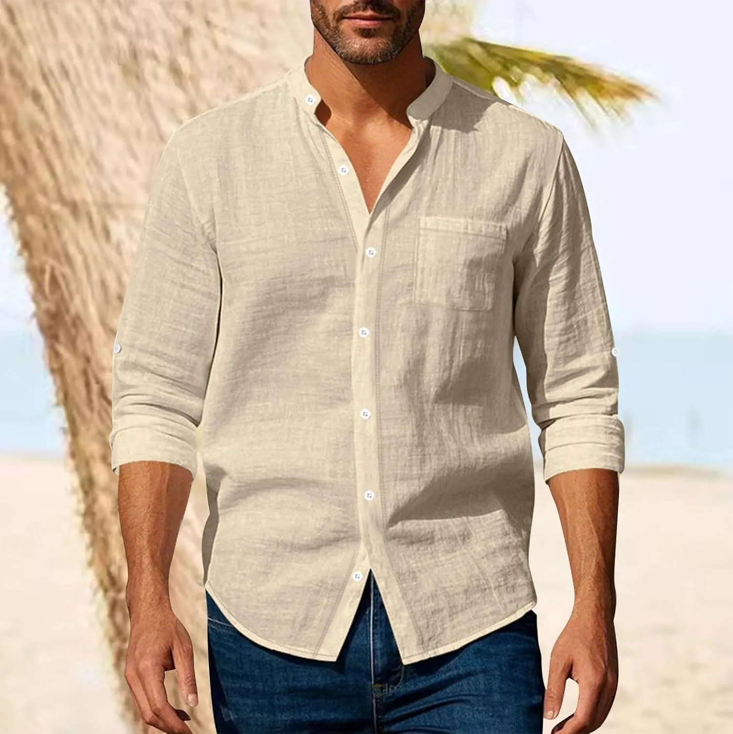Cotton Linen Shirt for Men Long Sleeve Collarless Casual Button Down Shirt Lightweight Breathable Beach Tops