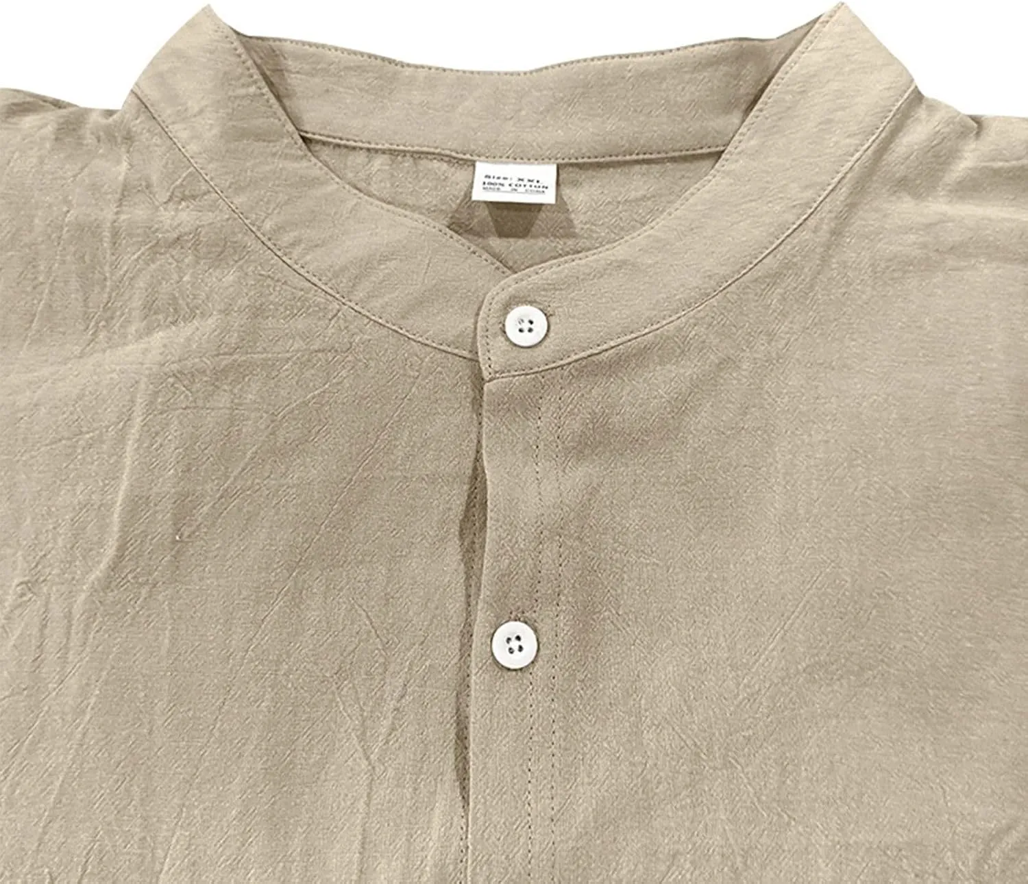 Cotton Linen Shirt for Men Long Sleeve Collarless Casual Button Down Shirt Lightweight Breathable Beach Tops
