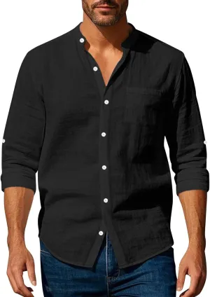 Cotton Linen Shirt for Men Long Sleeve Collarless Casual Button Down Shirt Lightweight Breathable Beach Tops