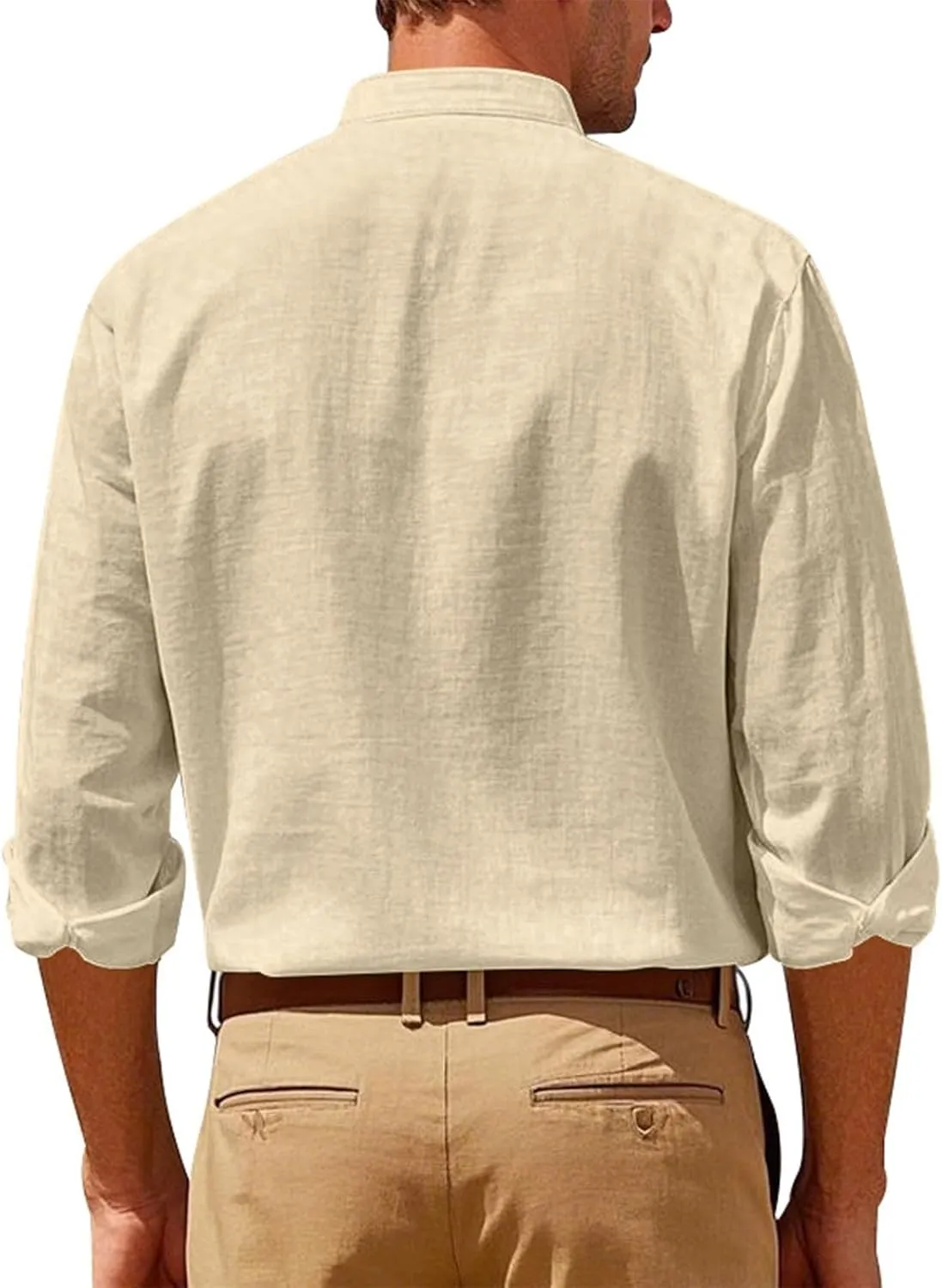 Cotton Linen Shirt for Men Long Sleeve Collarless Casual Button Down Shirt Lightweight Breathable Beach Tops