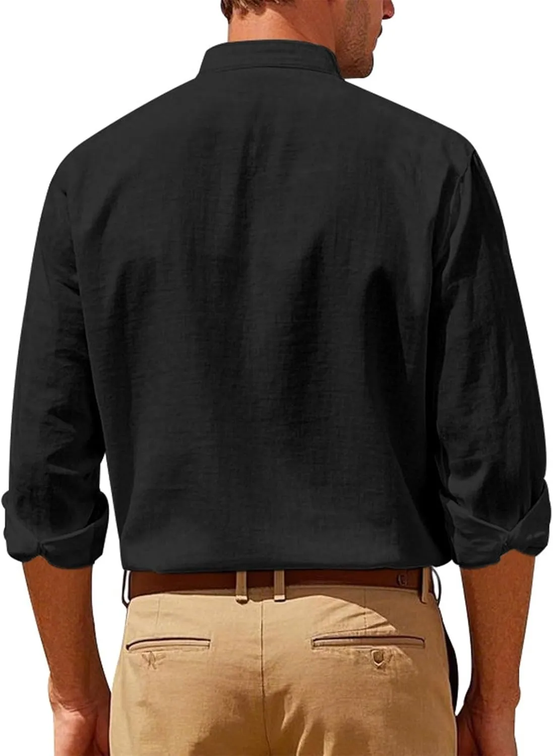 Cotton Linen Shirt for Men Long Sleeve Collarless Casual Button Down Shirt Lightweight Breathable Beach Tops
