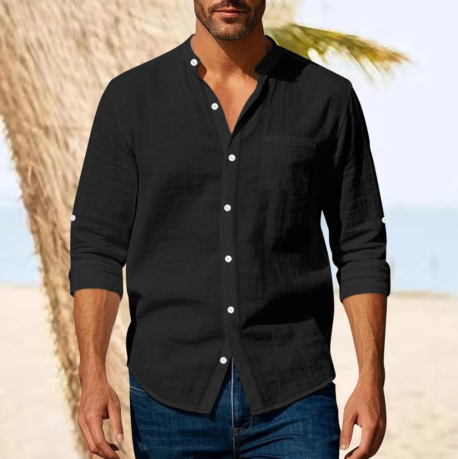 Cotton Linen Shirt for Men Long Sleeve Collarless Casual Button Down Shirt Lightweight Breathable Beach Tops