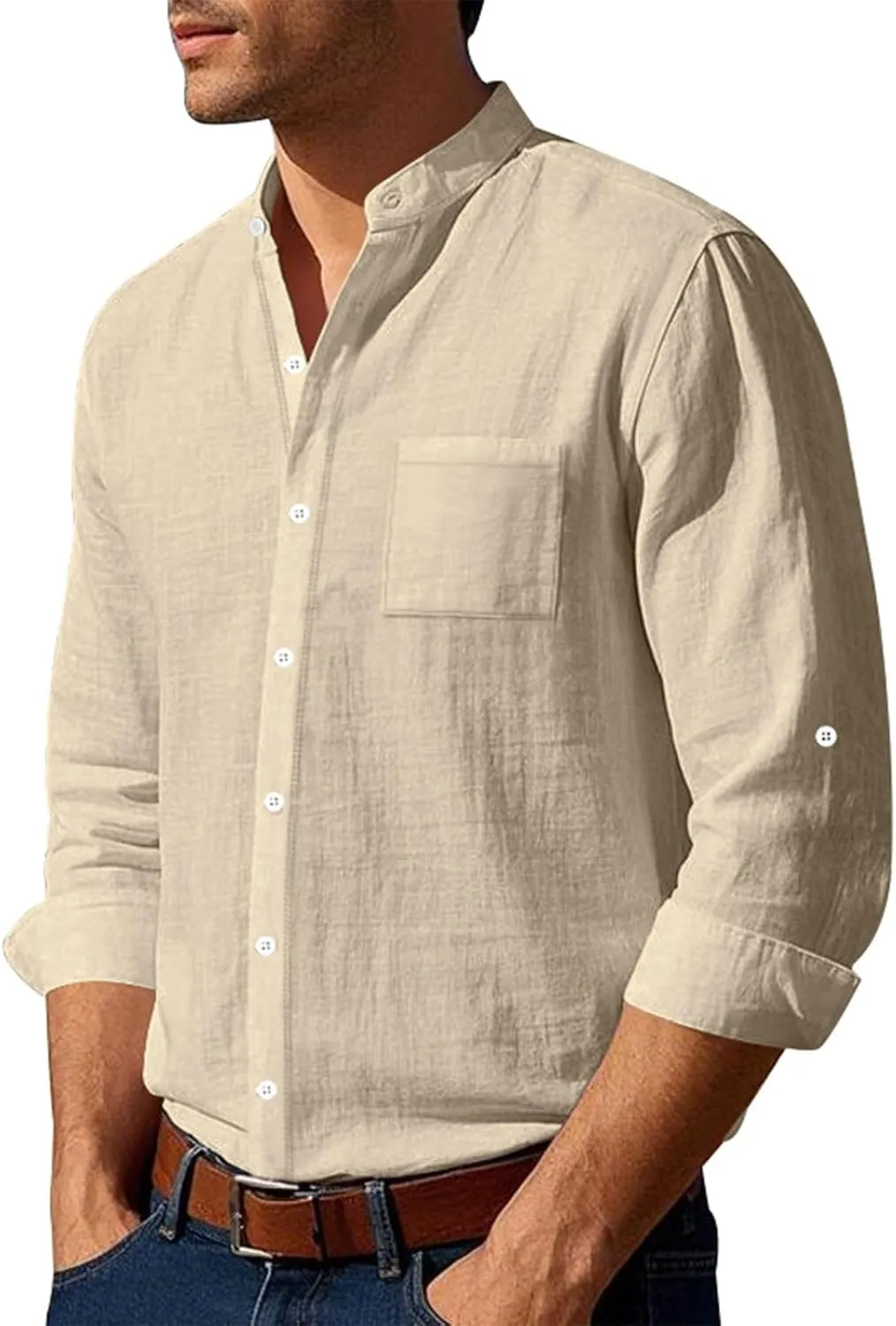 Cotton Linen Shirt for Men Long Sleeve Collarless Casual Button Down Shirt Lightweight Breathable Beach Tops