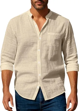 Cotton Linen Shirt for Men Long Sleeve Collarless Casual Button Down Shirt Lightweight Breathable Beach Tops