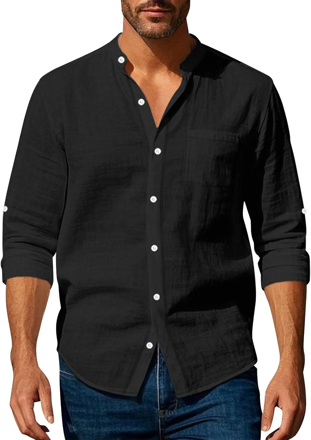 Cotton Linen Shirt for Men Long Sleeve Collarless Casual Button Down Shirt Lightweight Breathable Beach Tops