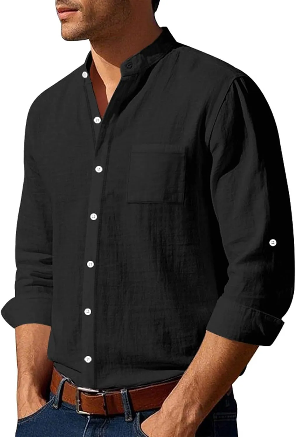 Cotton Linen Shirt for Men Long Sleeve Collarless Casual Button Down Shirt Lightweight Breathable Beach Tops