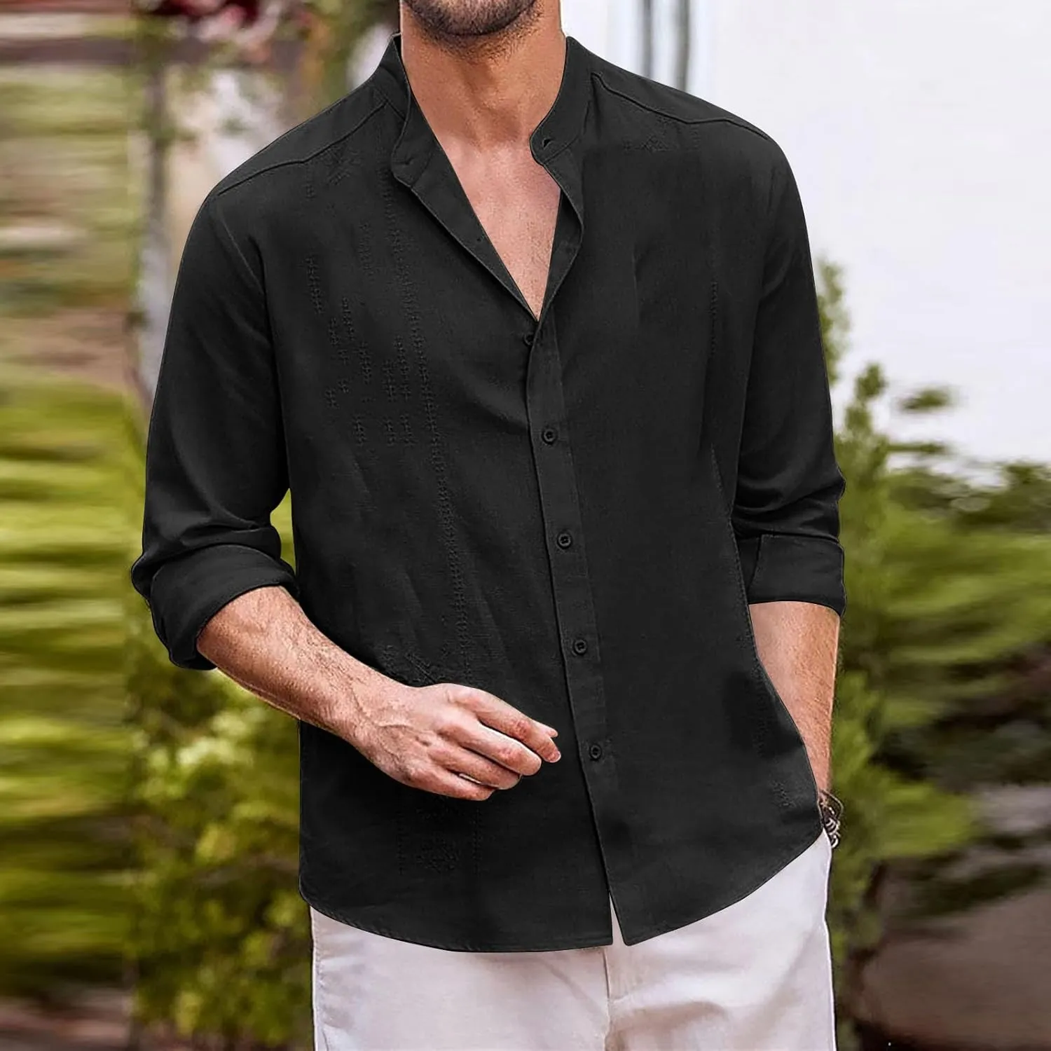 Cotton Linen Shirt for Men Long Sleeve Mandarin Collar Button Down Shirt Lightweight Breathable Beach Tops