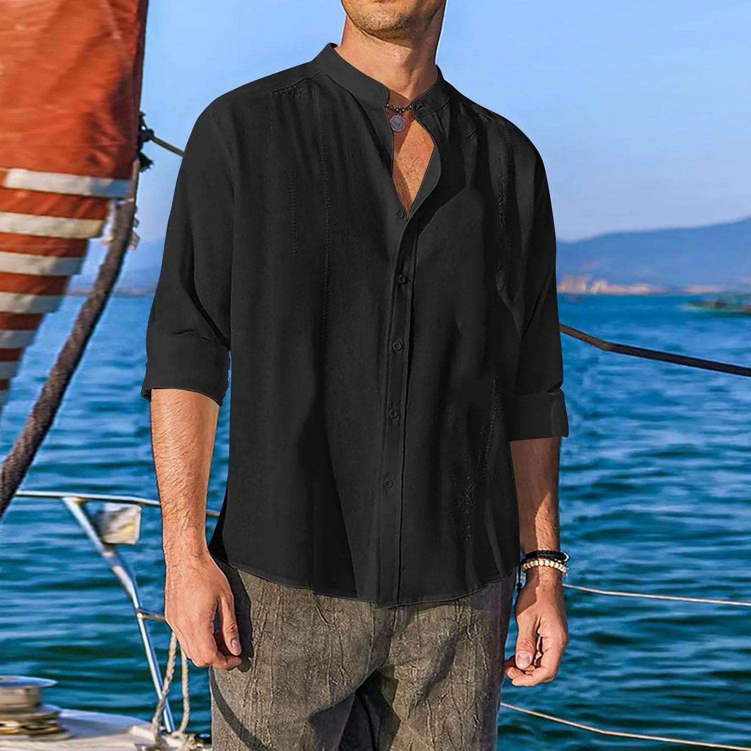 Cotton Linen Shirt for Men Long Sleeve Mandarin Collar Button Down Shirt Lightweight Breathable Beach Tops