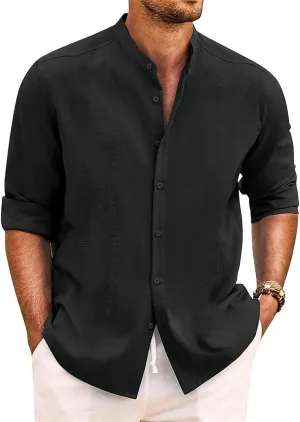 Cotton Linen Shirt for Men Long Sleeve Mandarin Collar Button Down Shirt Lightweight Breathable Beach Tops