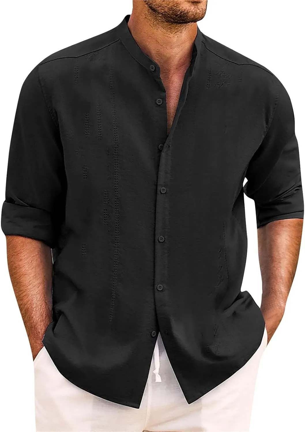 Cotton Linen Shirt for Men Long Sleeve Mandarin Collar Button Down Shirt Lightweight Breathable Beach Tops