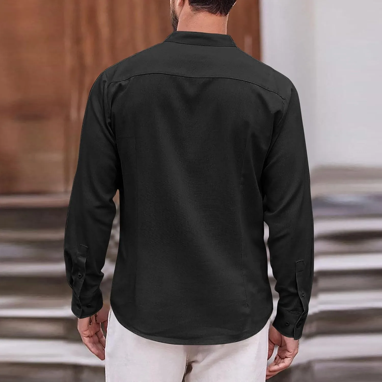 Cotton Linen Shirt for Men Long Sleeve Mandarin Collar Button Down Shirt Lightweight Breathable Beach Tops