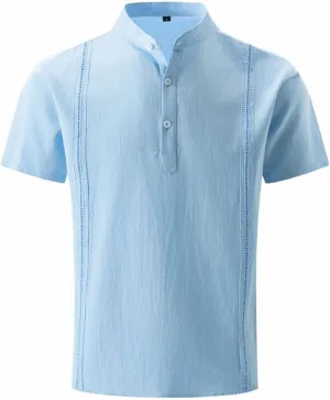 Cotton Linen Short Sleeve Shirts Men's Henley Neck Button Shirt Solid Color Loose Casual Lightweight Breathable Tops