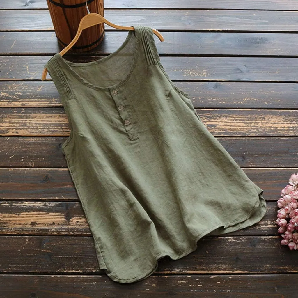 Cotton Linen Tank Tops for Womens Summer Sleeveless Crewneck Blouse Casual Solid Loose Basic Plus Size Shirts