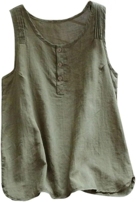 Cotton Linen Tank Tops for Womens Summer Sleeveless Crewneck Blouse Casual Solid Loose Basic Plus Size Shirts
