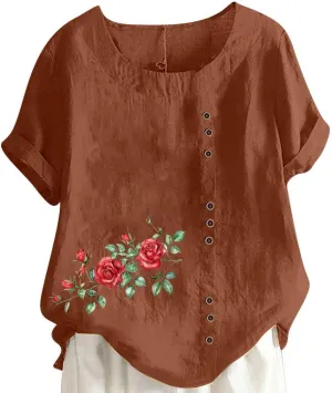 Cotton Linen Top for Women 2025 Boho Floral Short Sleeve Crewneck Short Sleeve Tshirt Floral Printed Loose Blouse
