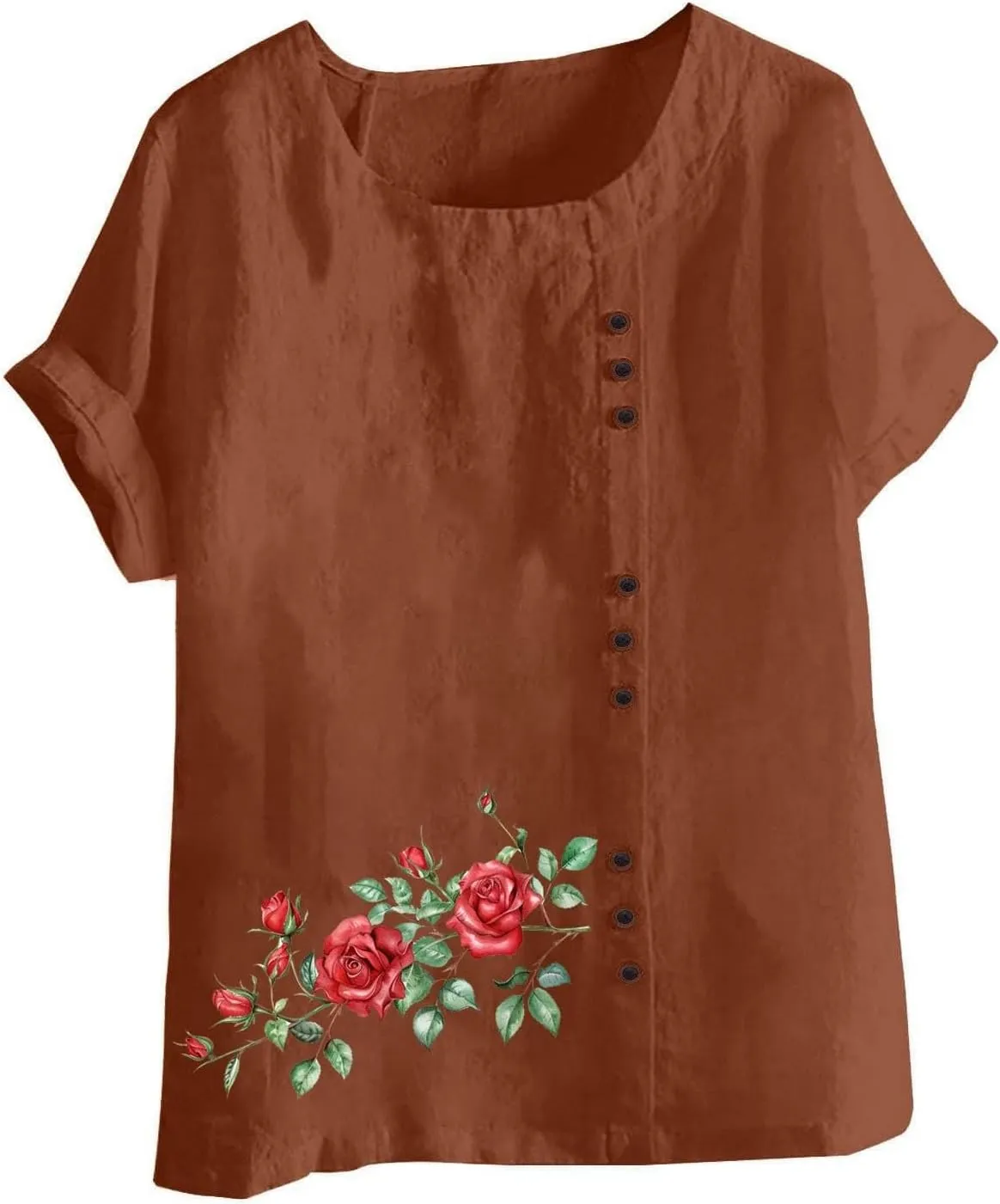 Cotton Linen Top for Women 2025 Boho Floral Short Sleeve Crewneck Short Sleeve Tshirt Floral Printed Loose Blouse