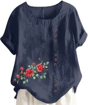Cotton Linen Top for Women 2025 Boho Floral Short Sleeve Crewneck Short Sleeve Tshirt Floral Printed Loose Blouse