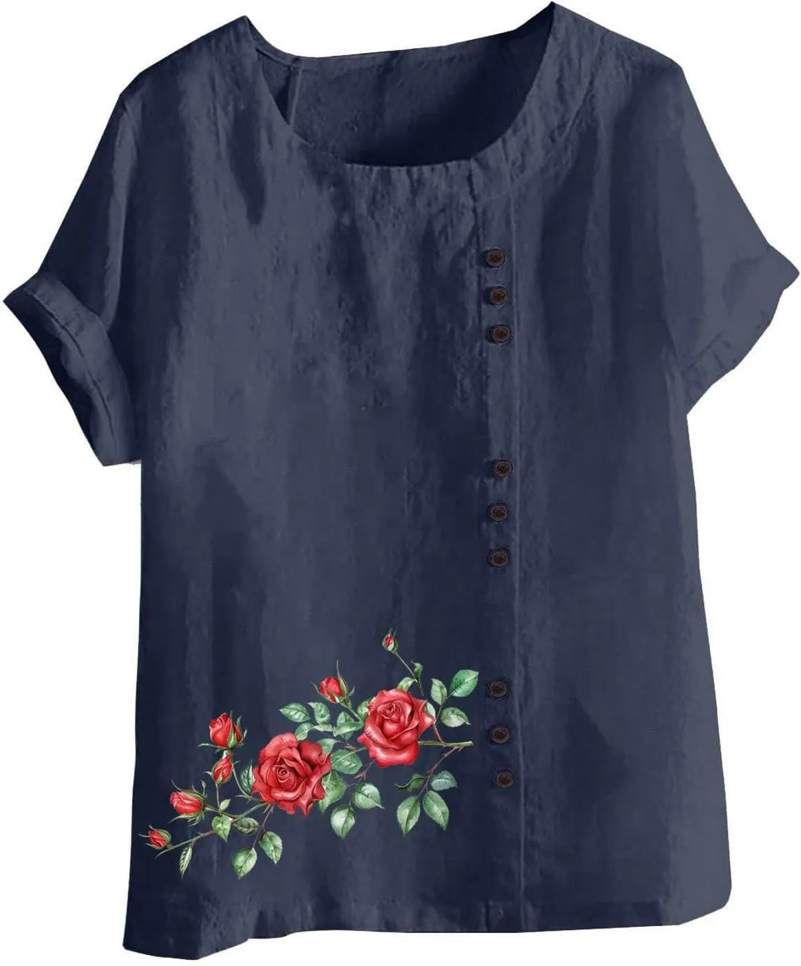 Cotton Linen Top for Women 2025 Boho Floral Short Sleeve Crewneck Short Sleeve Tshirt Floral Printed Loose Blouse