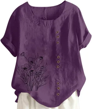 Cotton Linen Top for Women 2025 Boho Floral Short Sleeve Crewneck Short Sleeve Tshirt Floral Printed Loose Blouse