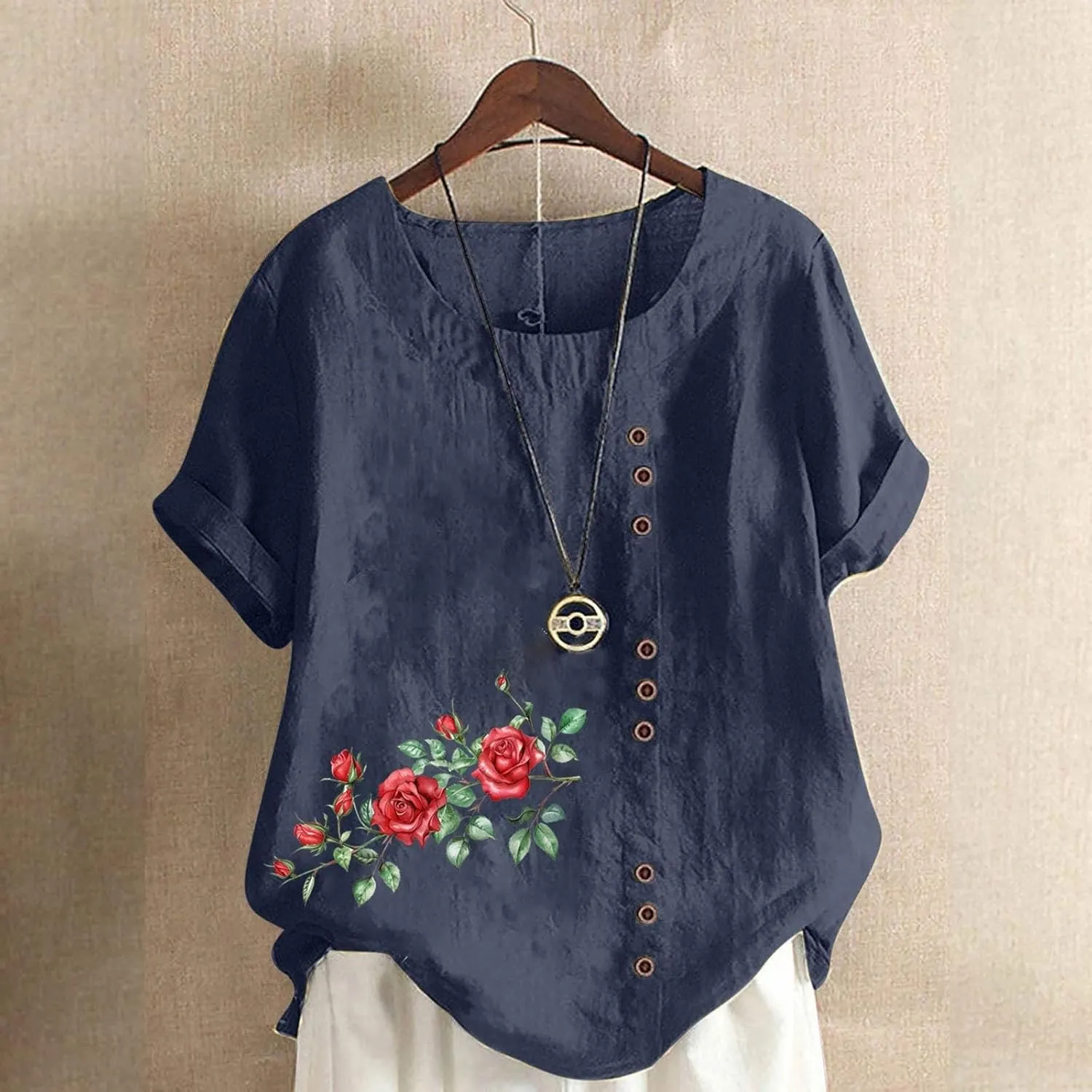 Cotton Linen Top for Women 2025 Boho Floral Short Sleeve Crewneck Short Sleeve Tshirt Floral Printed Loose Blouse